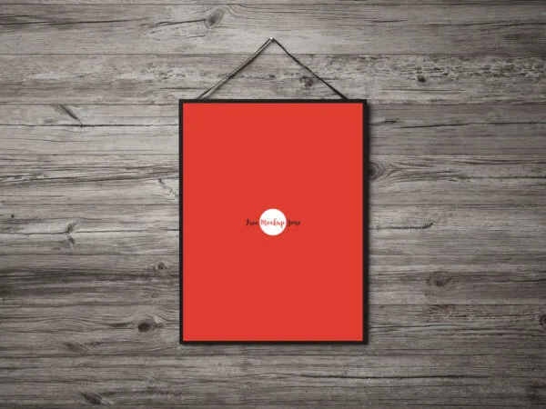 Front View Poster Hanging on Wooden Wall Mockup 1