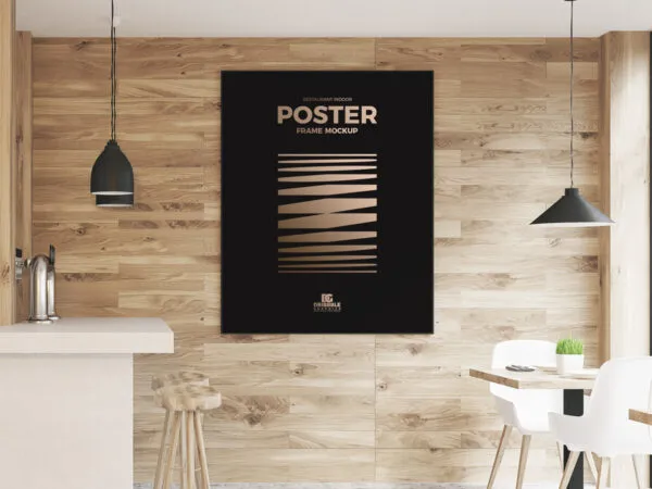 Front View Restaurant Indoor Wooden Wall Poster Frame Mockup 1