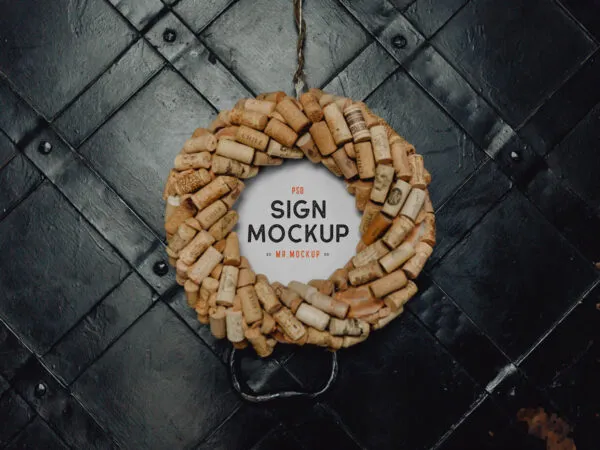Front View Round Restaurant Sign Mockup Against Metal Wall 1