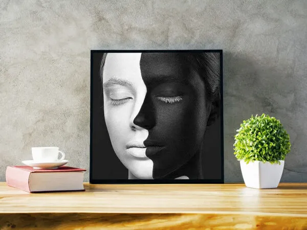 Front View Square Photo Frame Leaning Against the Wall Mockup 1