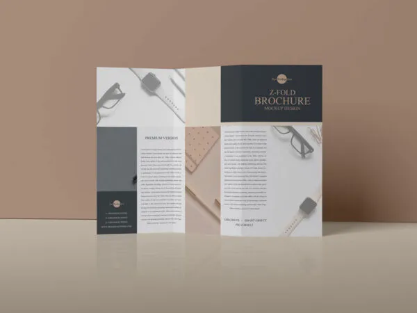 Front View Standing Open Z Fold Brochure Mockup 1