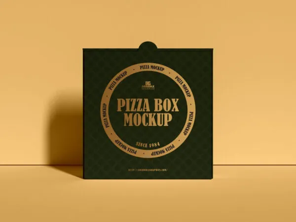 Front View Standup Pizza Box Mockup Against Wall 1