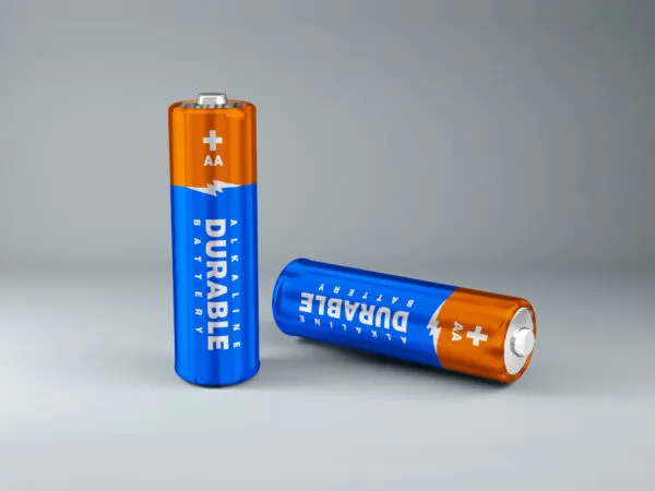 Front View Two AA Batteries Standing and on Floor Mockup 1
