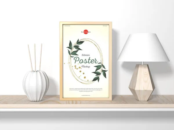 Front View Vertical Poster Frame on Table Mockup with Abajur 1