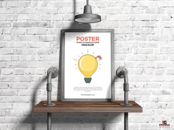 Front View Vertical Poster Frame on a Wooden Shelf Mockup 1