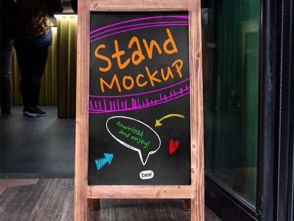Front View Wooden A Stand Mockup in Front of Coffee Shop 1