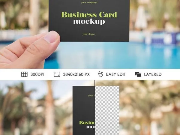 Front View of 2 Business Card Mockups Being Held Up by a Hand 1