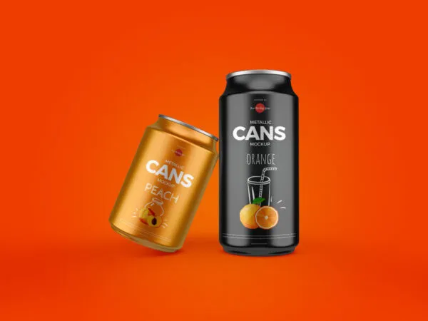 Front View of 2 Metallic Cans Mockup in Different Sizes 1