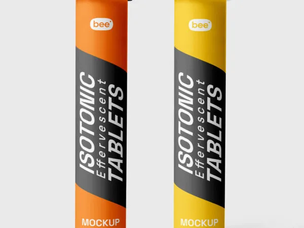 Front View of 2 Tall Standing Bottles of Effervescent Tablets Mockup 1