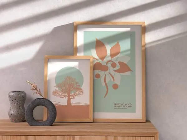 Front View of 2 Trendy Wood Frames Mockup in Sunbeam 1