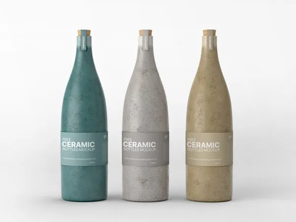 Front View of 3 Ceramic Bottles Mockup 1