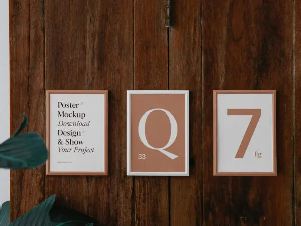 Front View of 3 Minimal Posters Mockup on Wood Wall 1