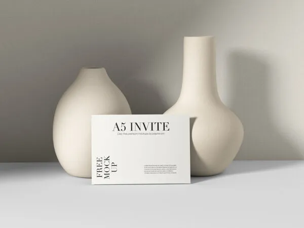 Front View of A5 Invitation Card Mockup on 2 Vases 1