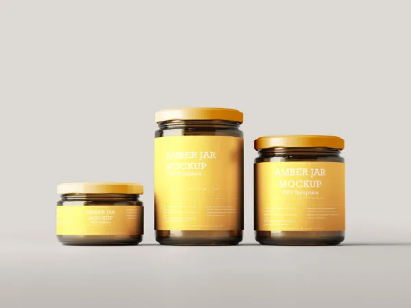Front View of Amber Glass Jar Mockups in 3 Different Sizes 1