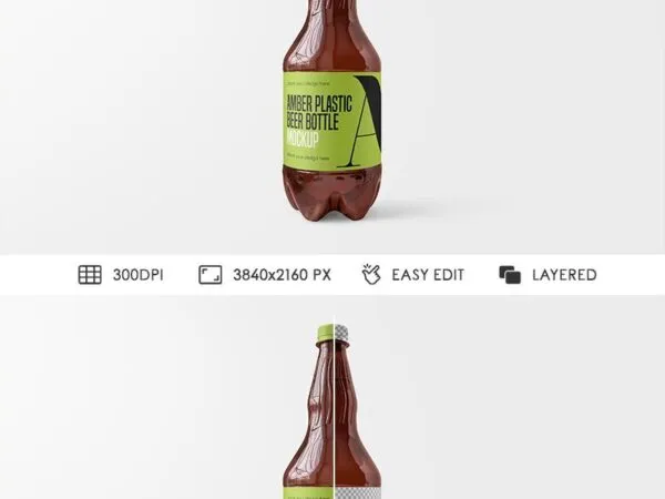 Front View of Amber Plastic Beer Bottle Mockup 1