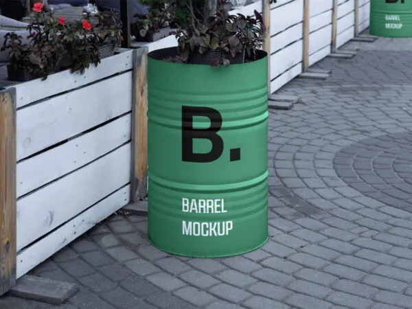 Front View of Barrel in Clean Street Mockup 1