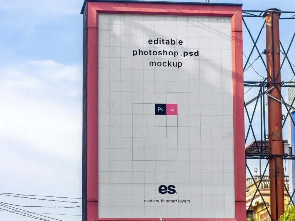 Front View of Big Vertical Billboard Mockup with Metallic Frame 1