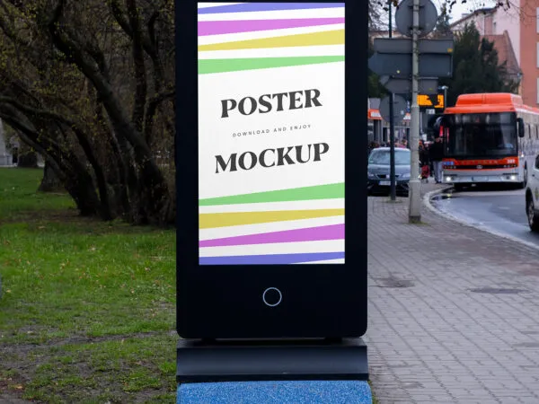 Front View of City Display Stand Mockup on Sidewalk 1