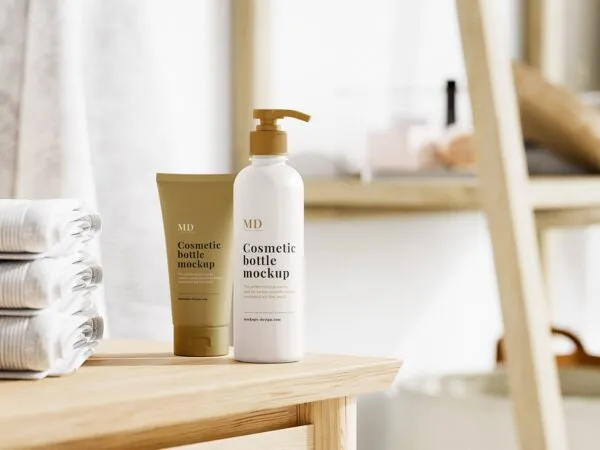 Front View of Cosmetic Bottle and Tube Mockup 1