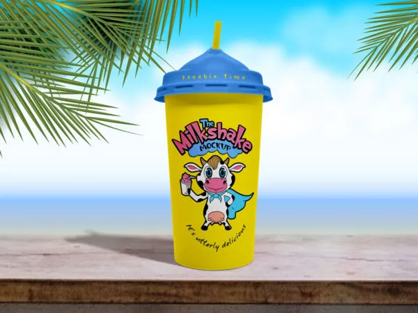 Front View of Disposable Milkshake Cup in Beach Setting Mockup 1
