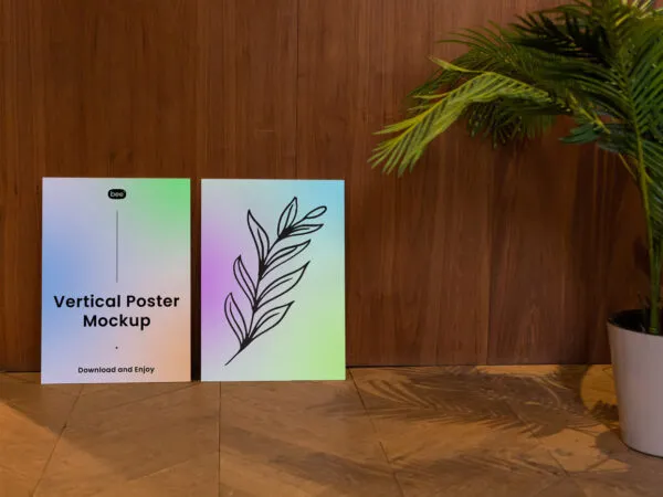 Front View of Double Vertical Poster Mockup on Wooden Setting 1