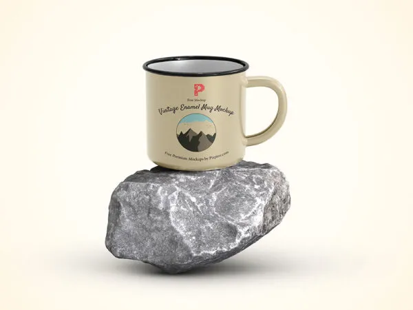 Front View of Enamel Mug on Piece of Rock Mockup 1