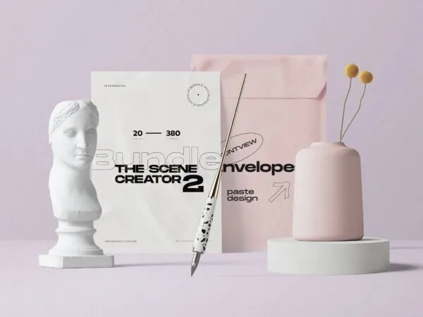 Front View of Envelope and Papers Mockup with Bust 1