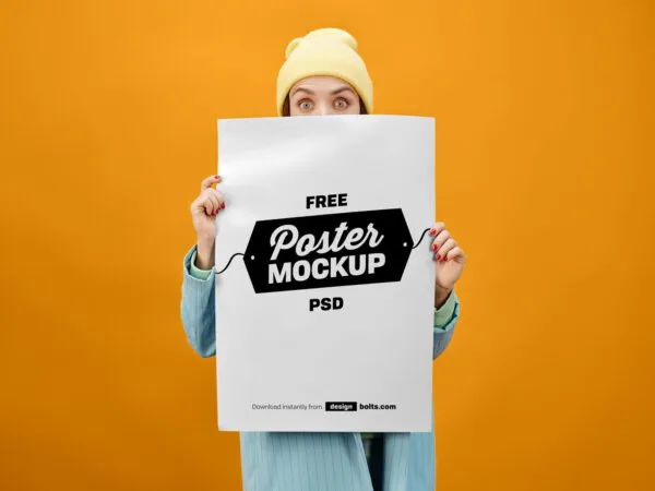 Front View of Female Holding Huge Poster Mockup 1