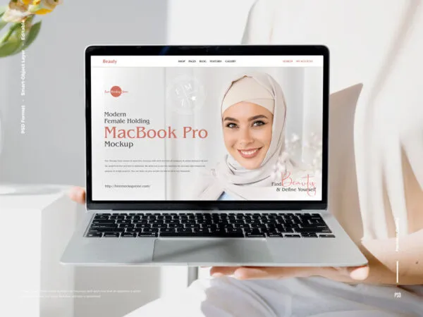 Front View of Female Holding MacBook Pro Mockup 1