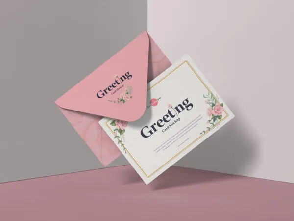 Front View of Floating Greeting Card and Envelope Mockup 1
