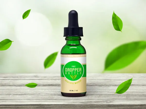 Front View of Glass Dropper Bottle on Wooden Surface Mockup 1