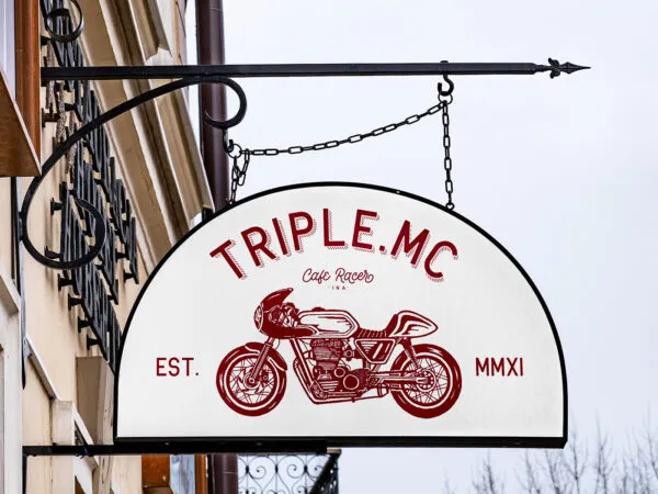 Front View of Half Circle Metal Sign on Wall Mockup 1