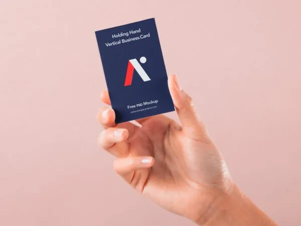 Front View of Hand Holding Vertical Business Card Mockup 1