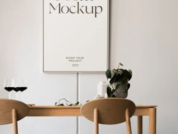 Front View of Hanged Vertical Poster Mockup in Dining Room 1