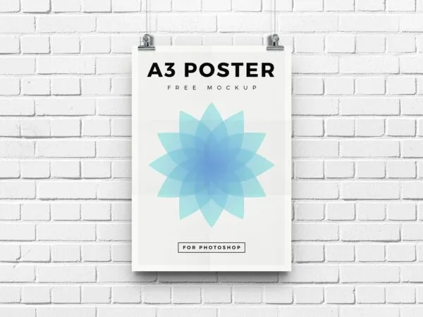Front View of Hanging A3 Poster with Four Background Textures Mockup 1