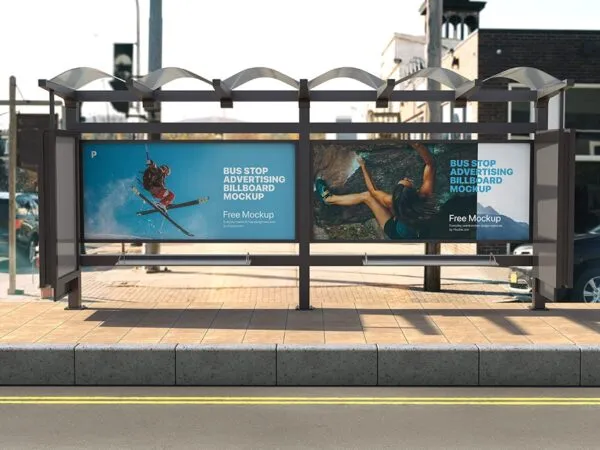 Front View of Horizontal Bus Stop Advertising Billboard Mockup 1