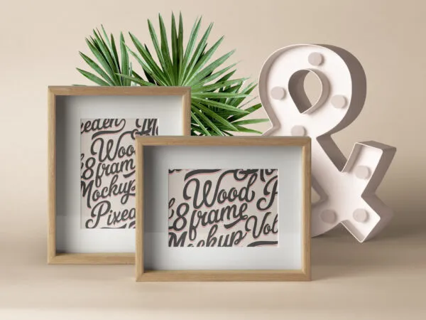 Front View of Landscape and Portrait Standing Wooden Frames Mockup 1