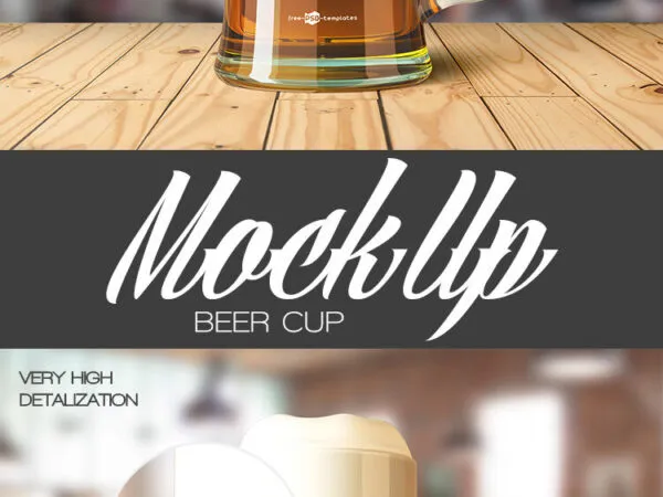 Front View of Large Beer Glass Cup on Wooden Table Mockup 1