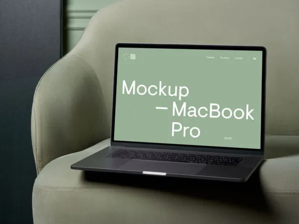 Front View of MacBook Pro Mockup on Couch 1