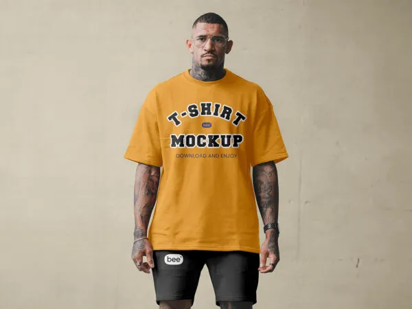 Front View of Man Wearing Oversize T Shirt and Shorts Mockup 1