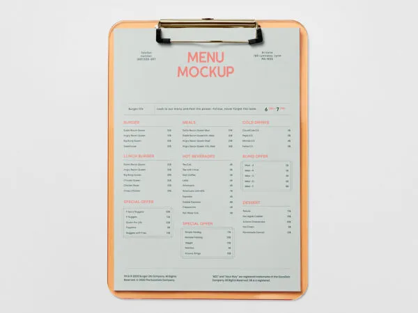 Front View of Menu Clipboard Mockup 1
