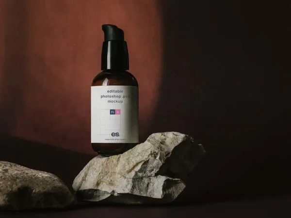 Front View of Mini Foam Pump Bottle Mockup above Real Rocks 1