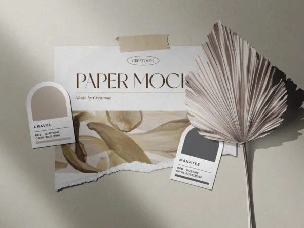 Front View of Mood board Paper Mockup with Dry Palm Branch 1