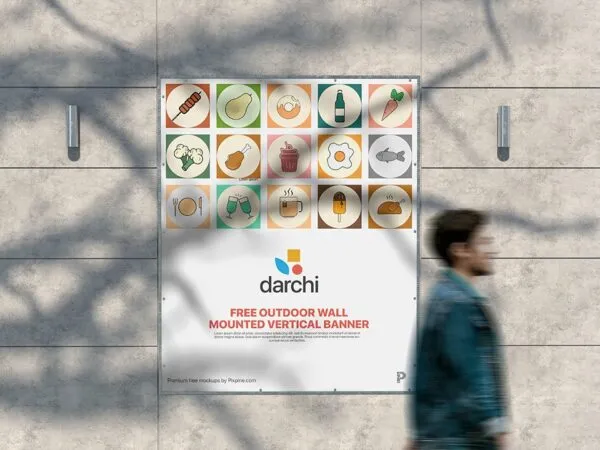 Front View of Outdoor Wall Mounted Vertical Banner Mockup 1