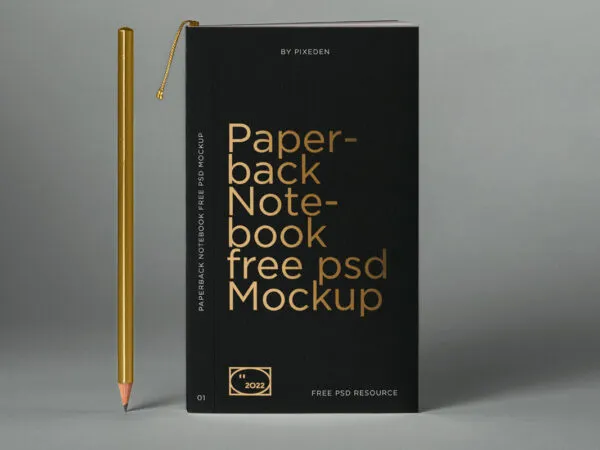 Front View of Paperback Notebook Mockup with Pencil 1