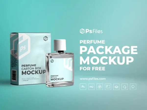 Front View of Perfume Bottle and Packaging Box Mockup 1