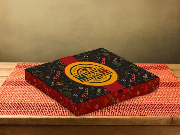 Front View of Pizza Package on a Classic Tablemate Mockup 1