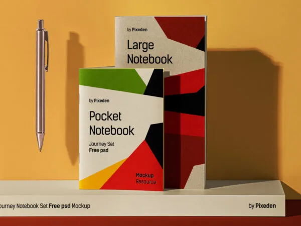 Front View of Presentation Notebook Mockup Set Featuring Pen 1