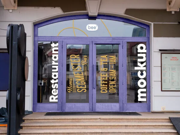Front View of Restaurant Windows Decal Mockup with Menu 1