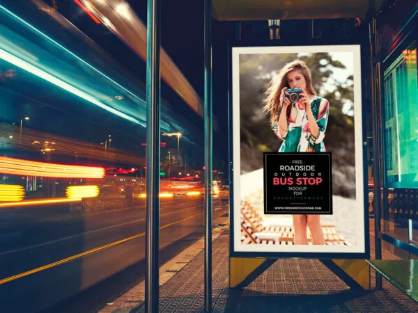 Front View of Roadside Outdoor Bus Stop Billboard Mockup 1